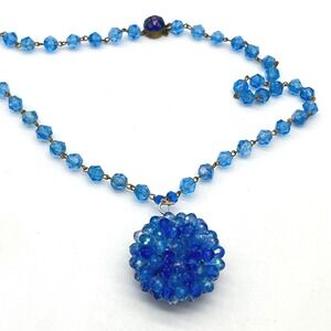 Vintage Blue‎ Crystal Orb Pendant Necklace Made in Western Germany